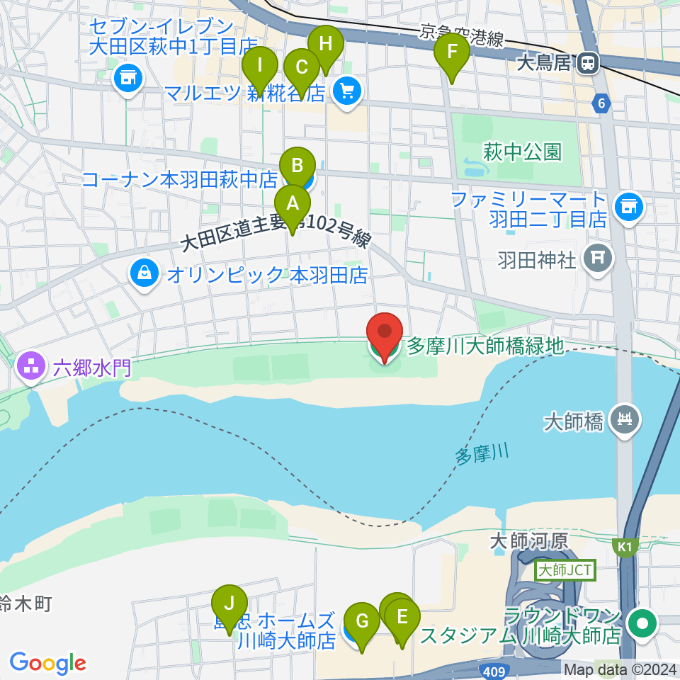 多摩川大師橋緑地周辺のカフェ一覧地図