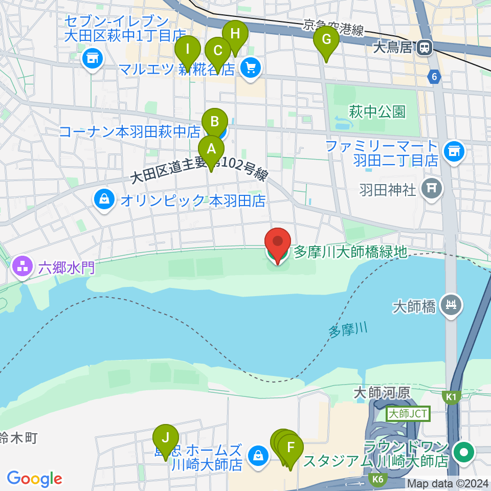 多摩川大師橋緑地周辺のカフェ一覧地図