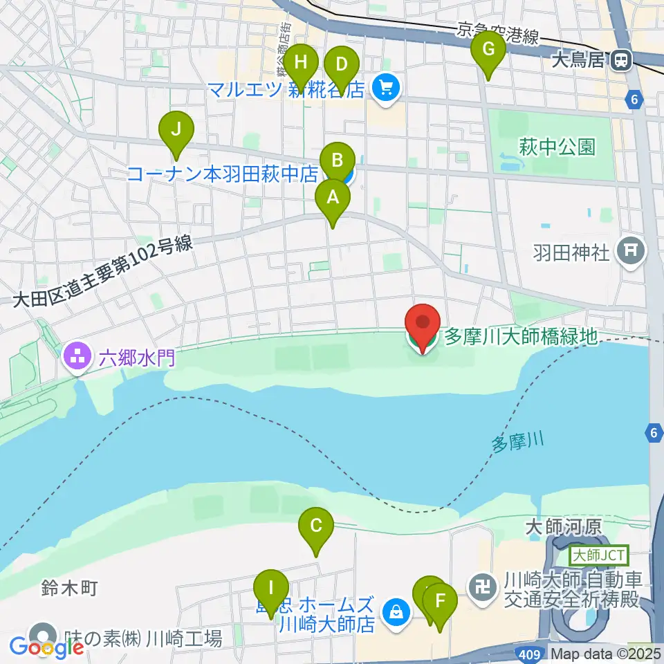 多摩川大師橋緑地周辺のカフェ一覧地図