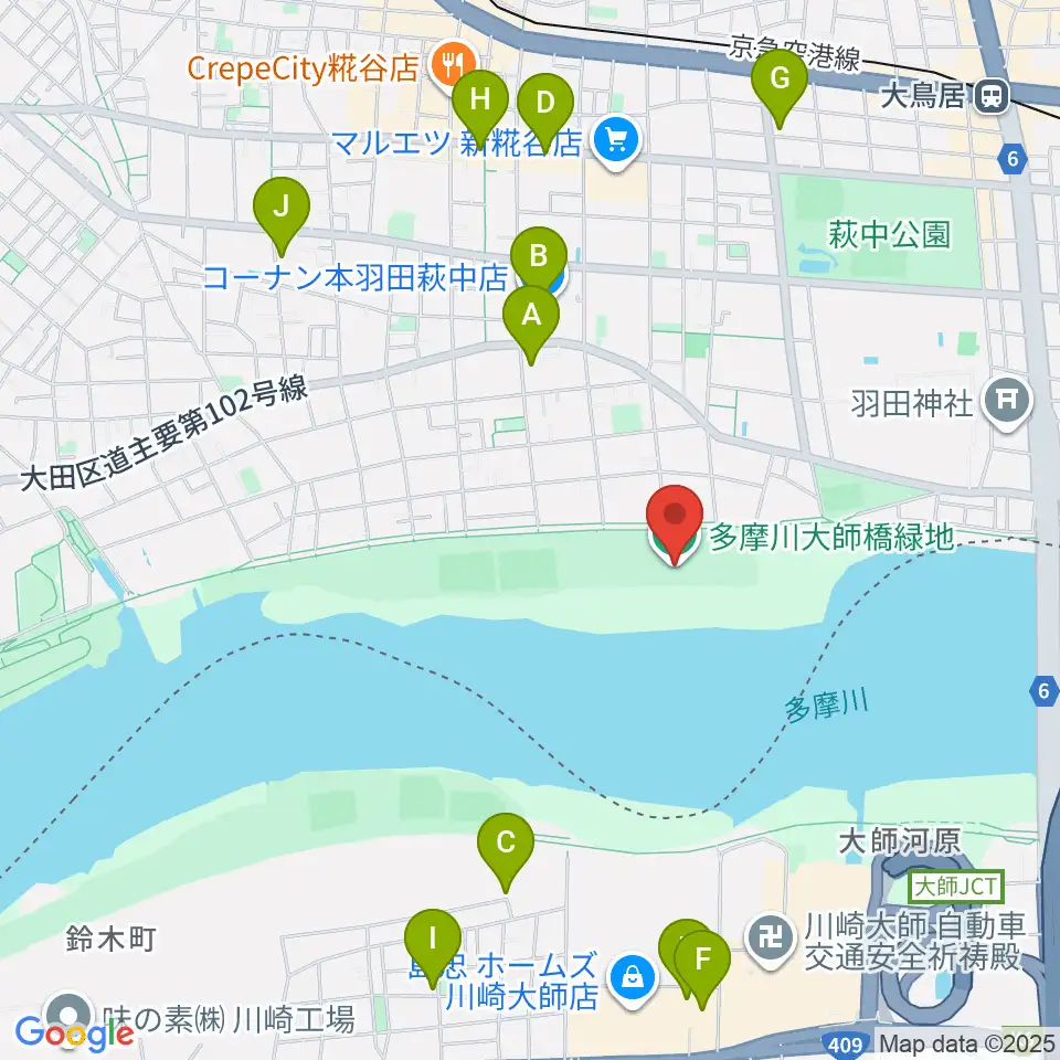 多摩川大師橋緑地周辺のカフェ一覧地図