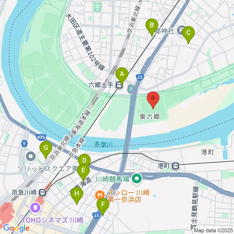 多摩川六郷橋緑地野球場周辺のカフェ一覧地図