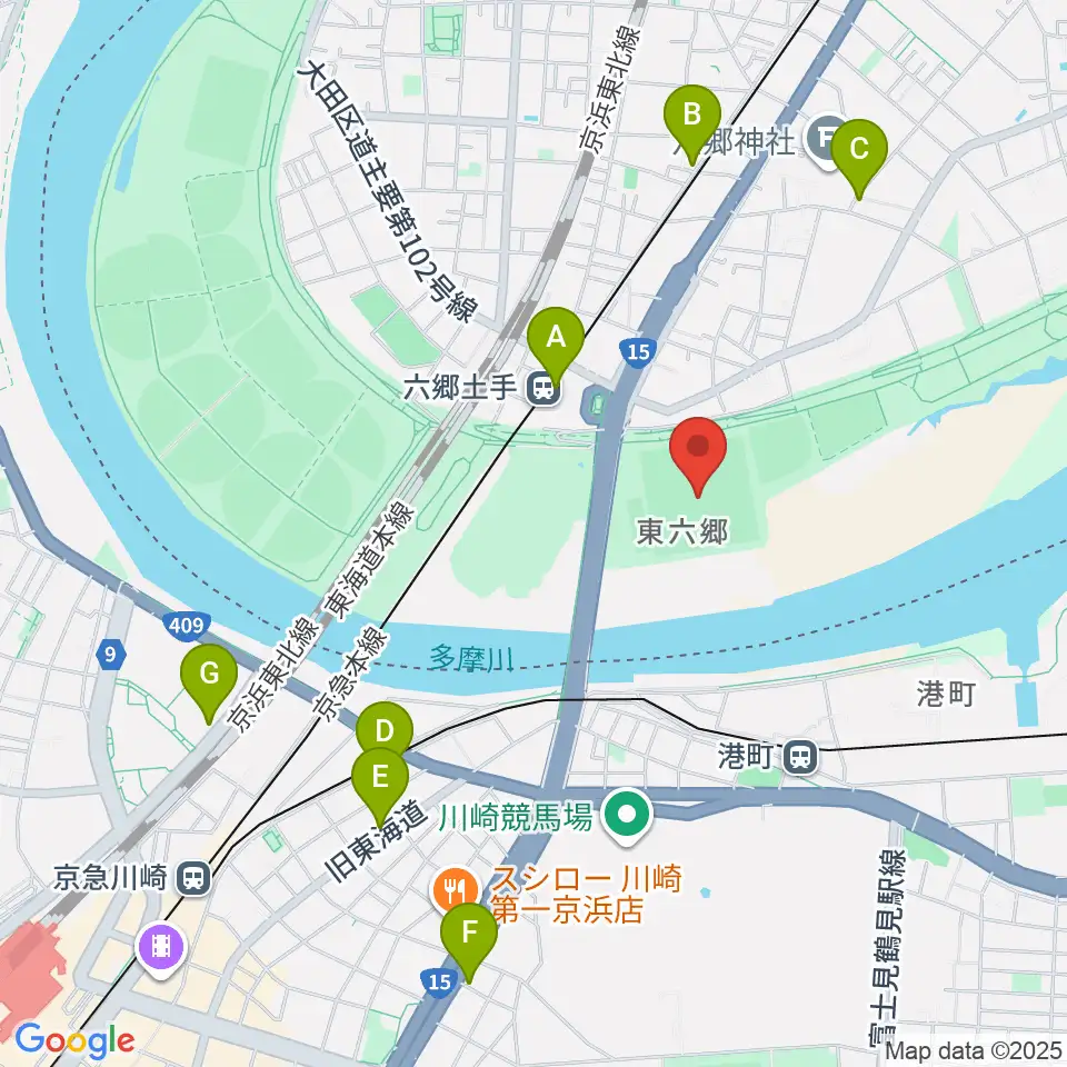 多摩川六郷橋緑地野球場周辺のカフェ一覧地図