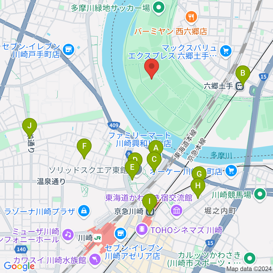 多摩川緑地野球場周辺のカフェ一覧地図