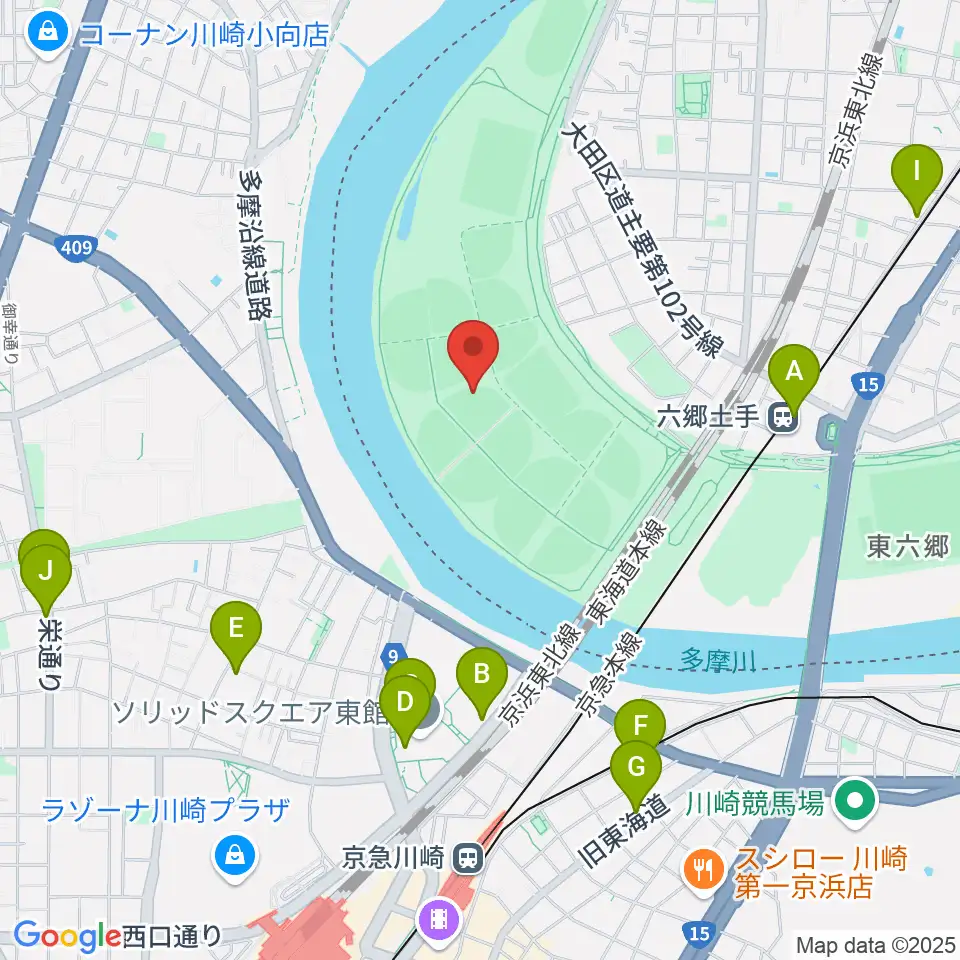 多摩川緑地野球場周辺のカフェ一覧地図