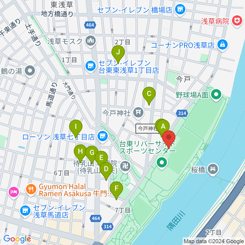 台東リバーサイドスポーツセンター陸上競技場周辺のカフェ一覧地図