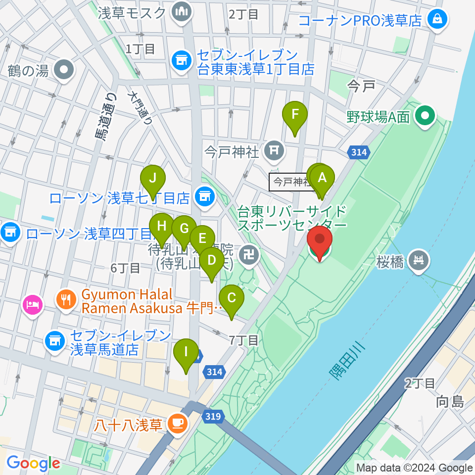 台東リバーサイドスポーツセンター体育館周辺のカフェ一覧地図