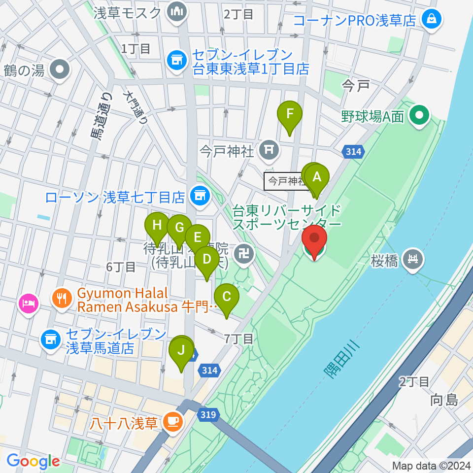 台東リバーサイドスポーツセンター体育館周辺のカフェ一覧地図