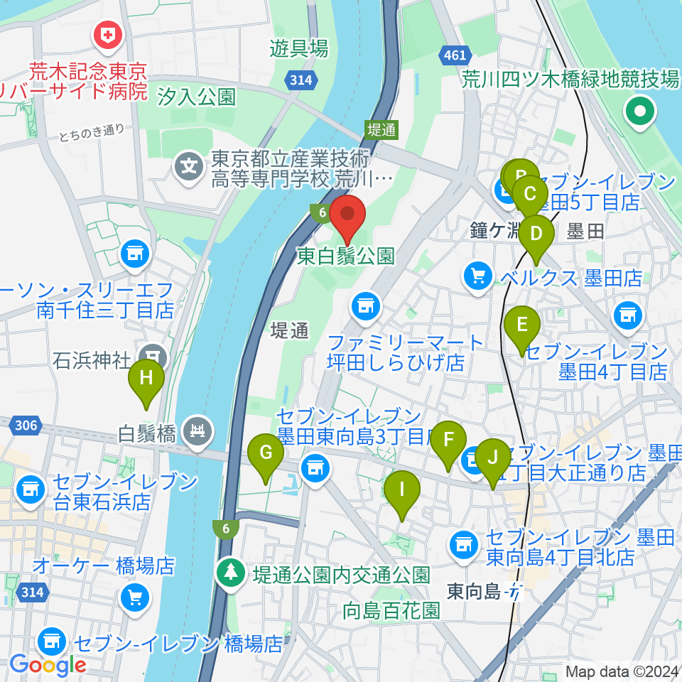 東白鬚公園小野球場周辺のカフェ一覧地図