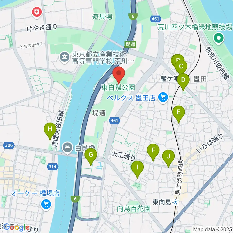 東白鬚公園小野球場周辺のカフェ一覧地図
