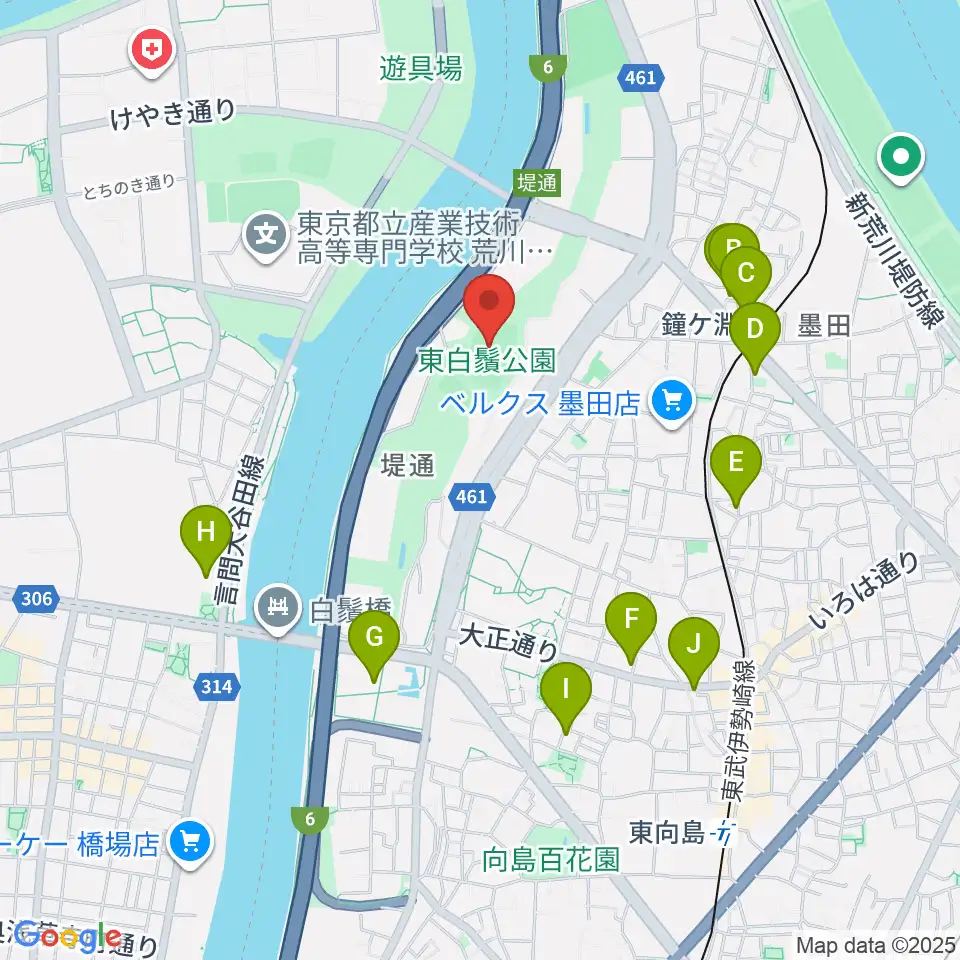 東白鬚公園小野球場周辺のカフェ一覧地図