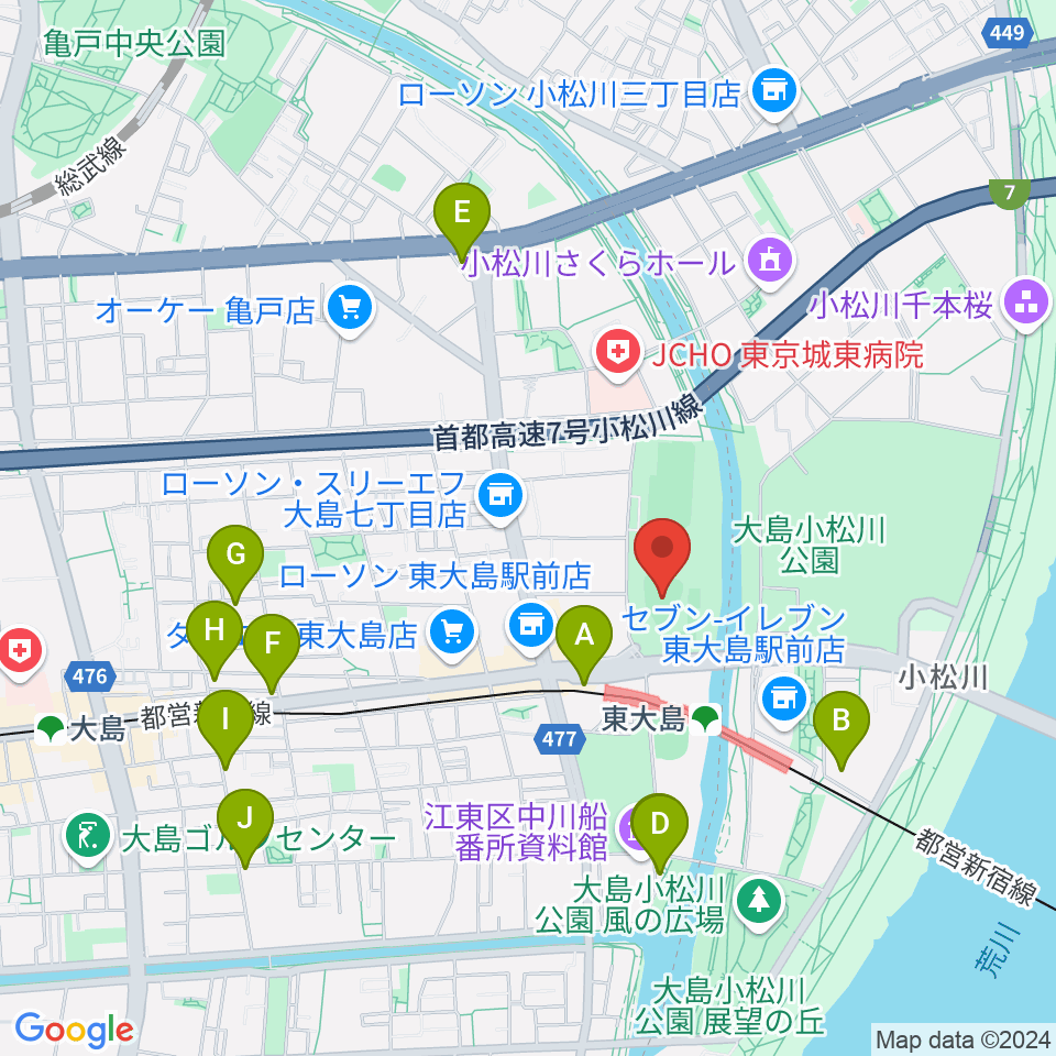 大島小松川公園小野球場周辺のカフェ一覧地図