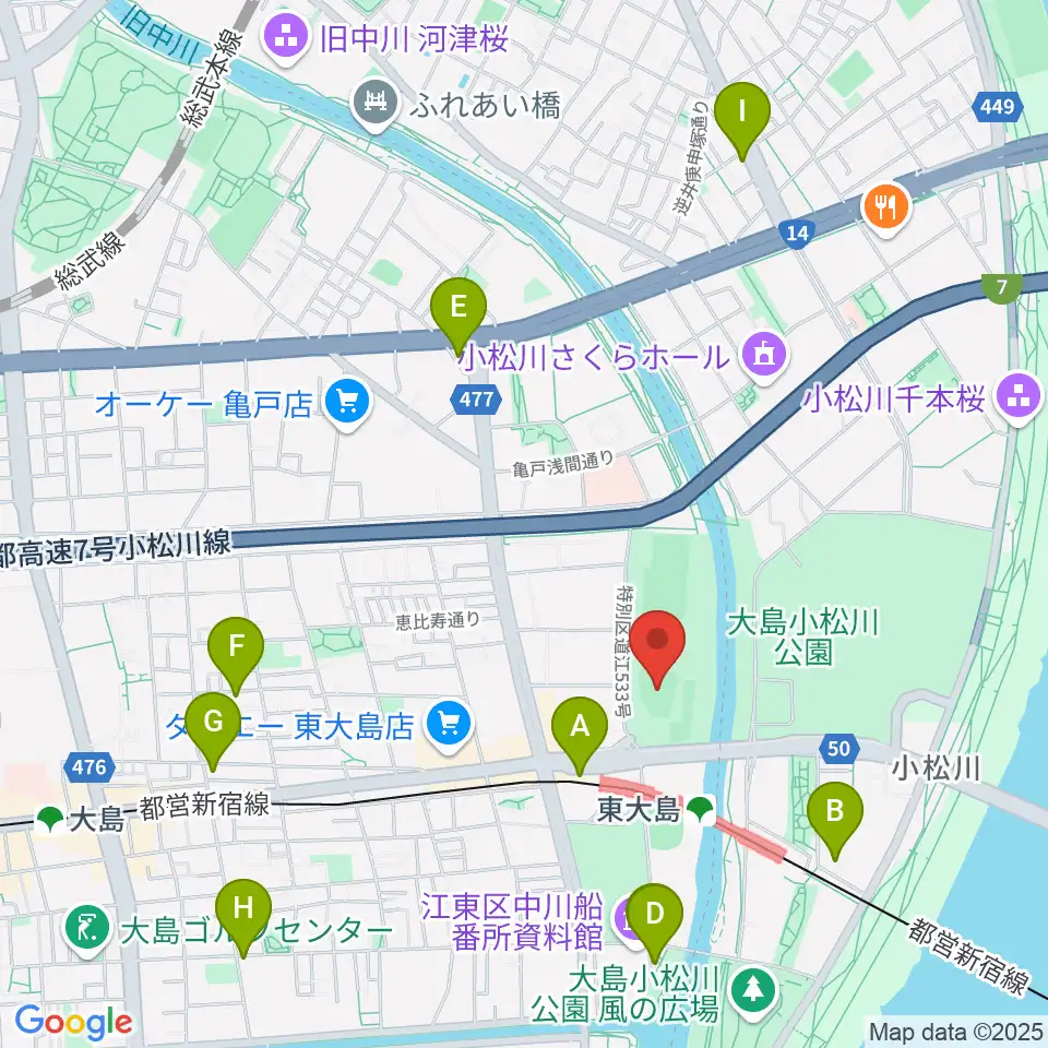 大島小松川公園小野球場周辺のカフェ一覧地図