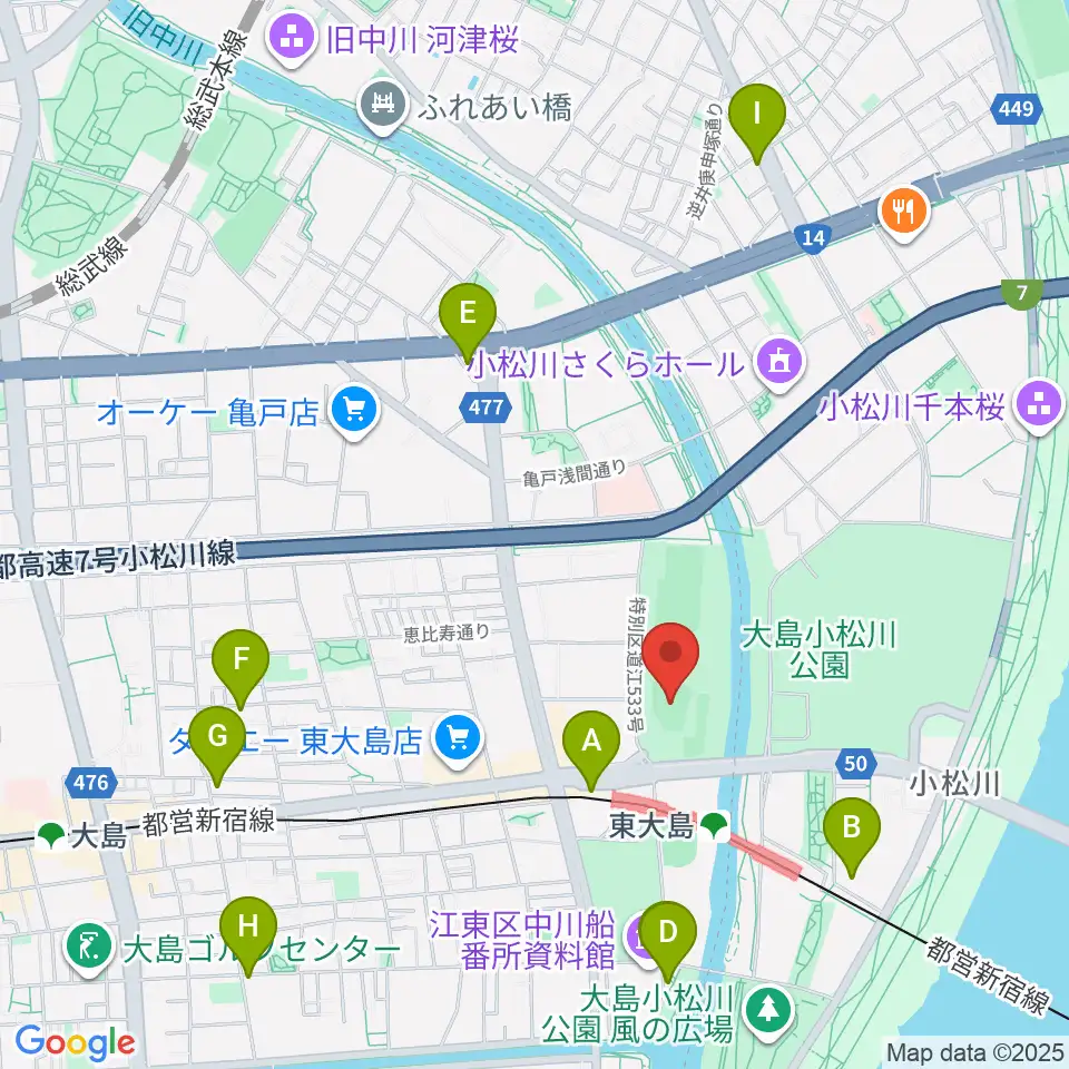 大島小松川公園小野球場周辺のカフェ一覧地図