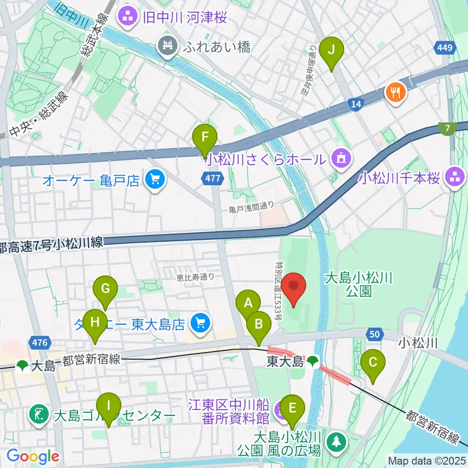 大島小松川公園小野球場周辺のカフェ一覧地図