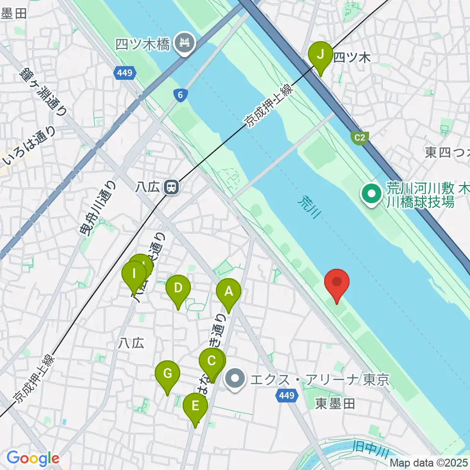 荒川四ツ木橋緑地少年サッカー場周辺のカフェ一覧地図