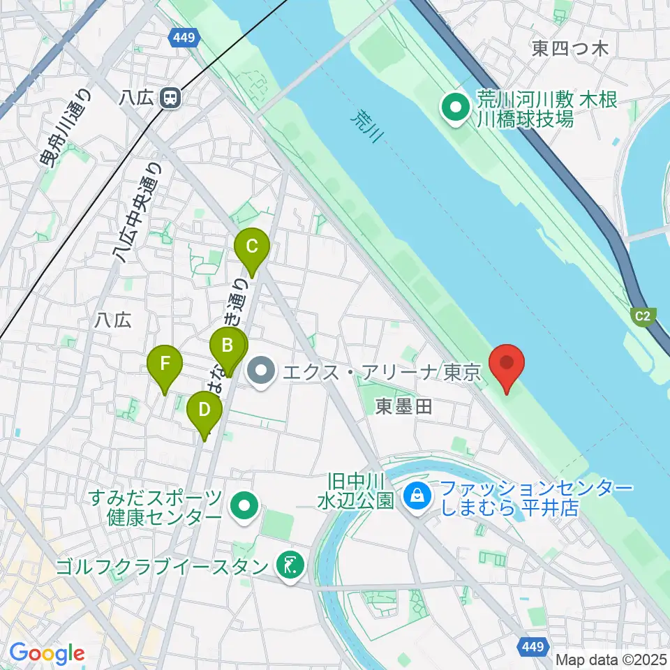 荒川四ツ木橋緑地少年野球場周辺のカフェ一覧地図
