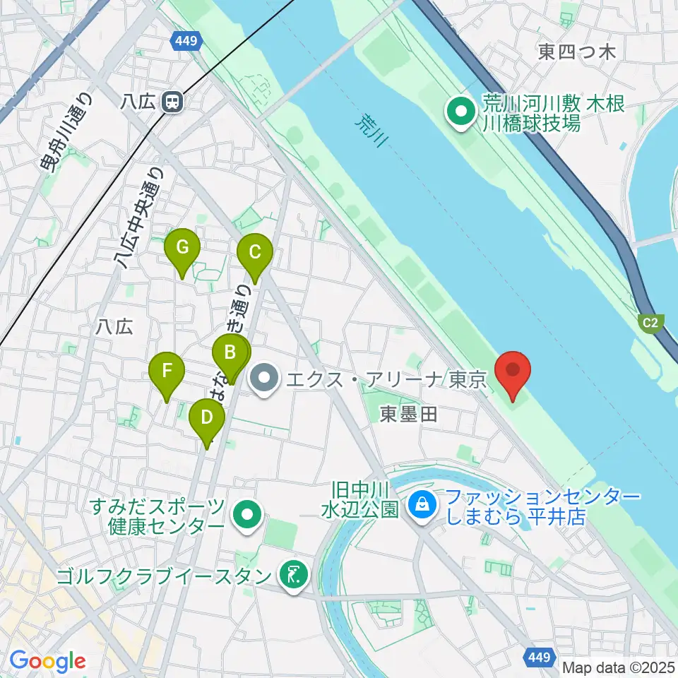 荒川四ツ木橋緑地少年野球場周辺のカフェ一覧地図