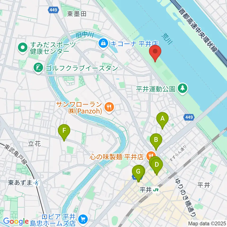 平井少年野球場周辺のカフェ一覧地図