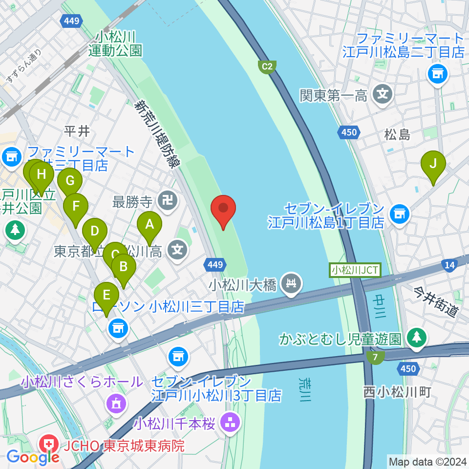 小松川橋上流野球場周辺のカフェ一覧地図