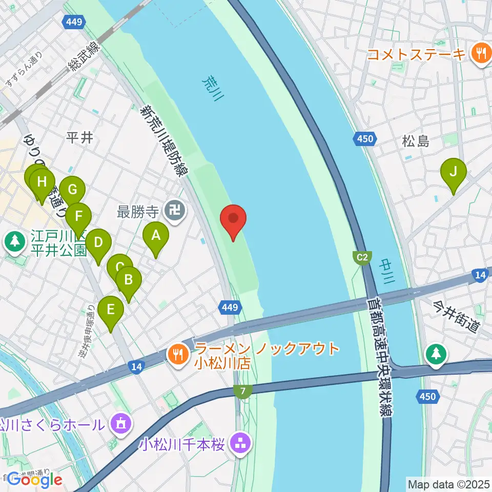 小松川橋上流野球場周辺のカフェ一覧地図