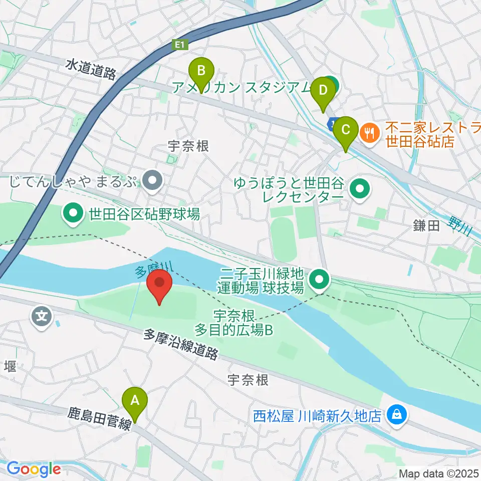 宇奈根野球場周辺のカフェ一覧地図