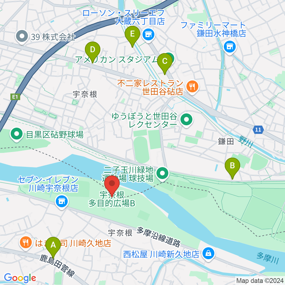 宇奈根多目的広場周辺のカフェ一覧地図