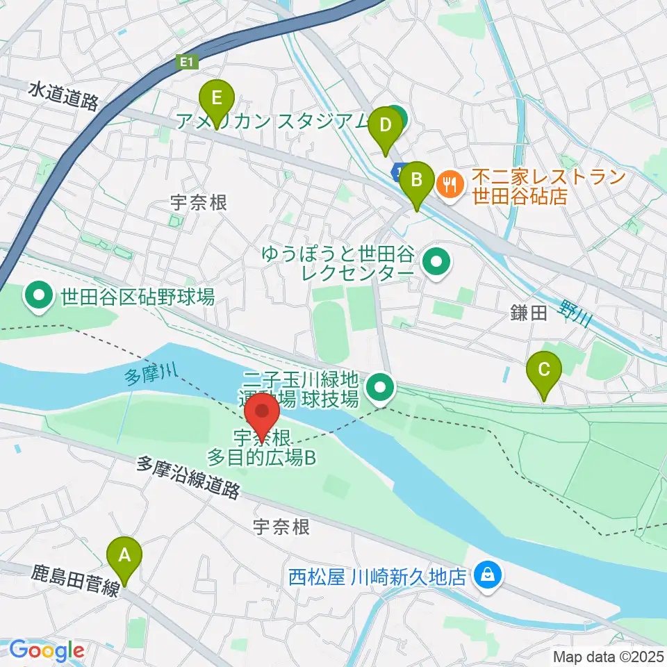 宇奈根多目的広場周辺のカフェ一覧地図