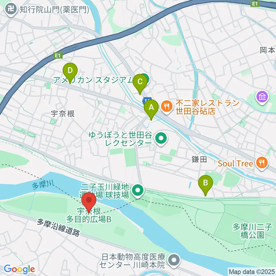 宇奈根多目的広場周辺のカフェ一覧地図