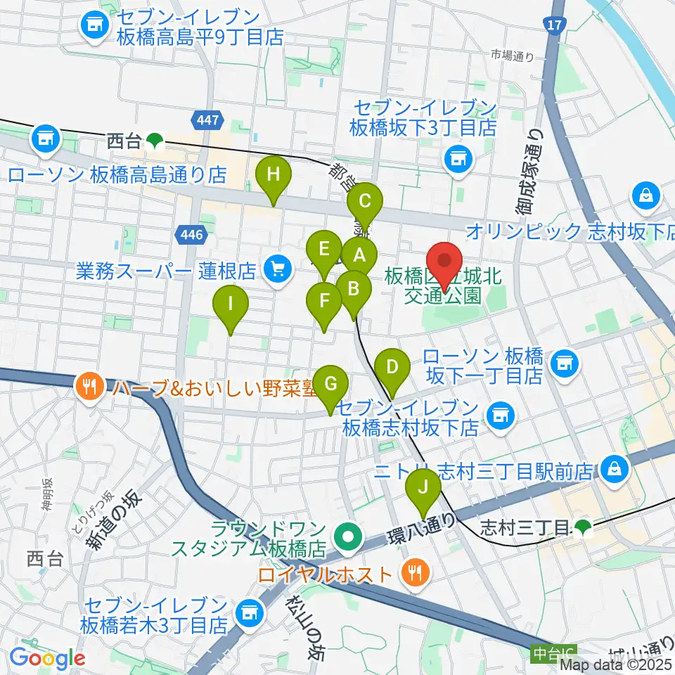 板橋区立城北野球場周辺のカフェ一覧地図