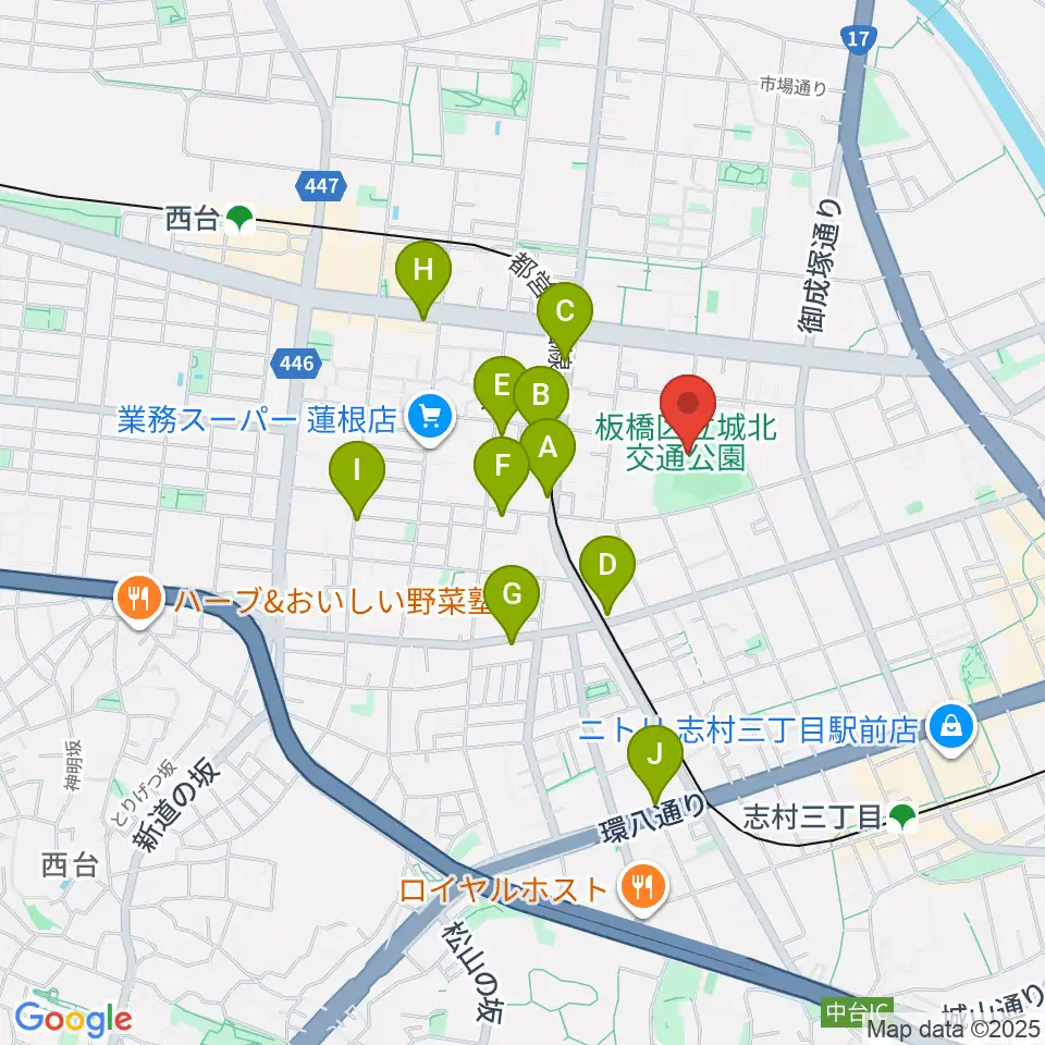 板橋区立城北野球場周辺のカフェ一覧地図