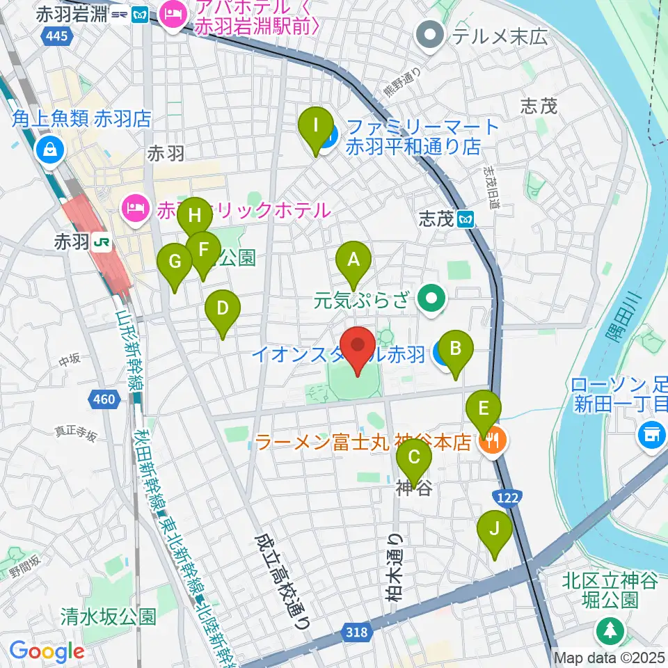 北区立北運動場周辺のカフェ一覧地図