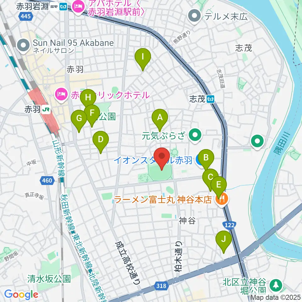 北区立北運動場周辺のカフェ一覧地図