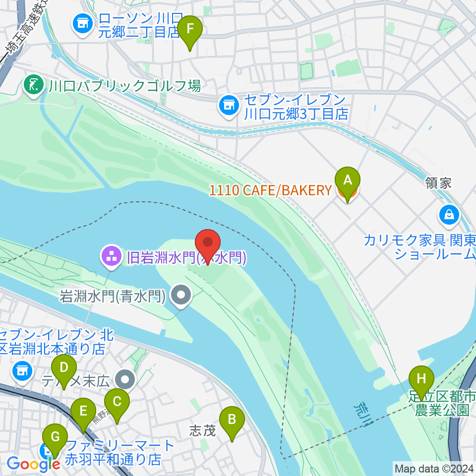 岩淵水門野球場周辺のカフェ一覧地図