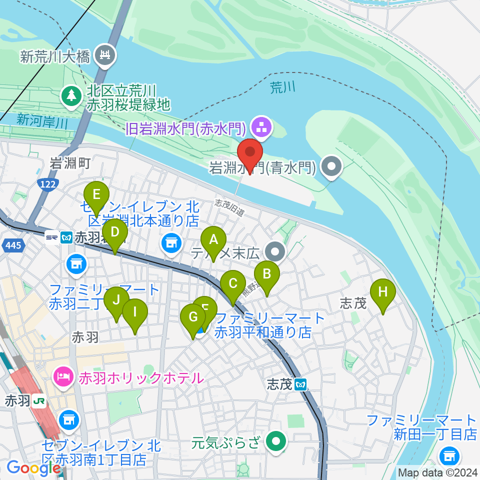 荒川知水資料館amoa周辺のカフェ一覧地図