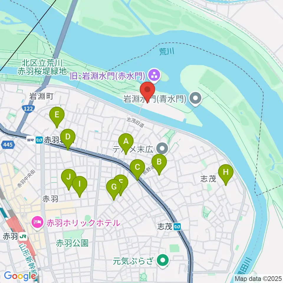 荒川知水資料館amoa周辺のカフェ一覧地図