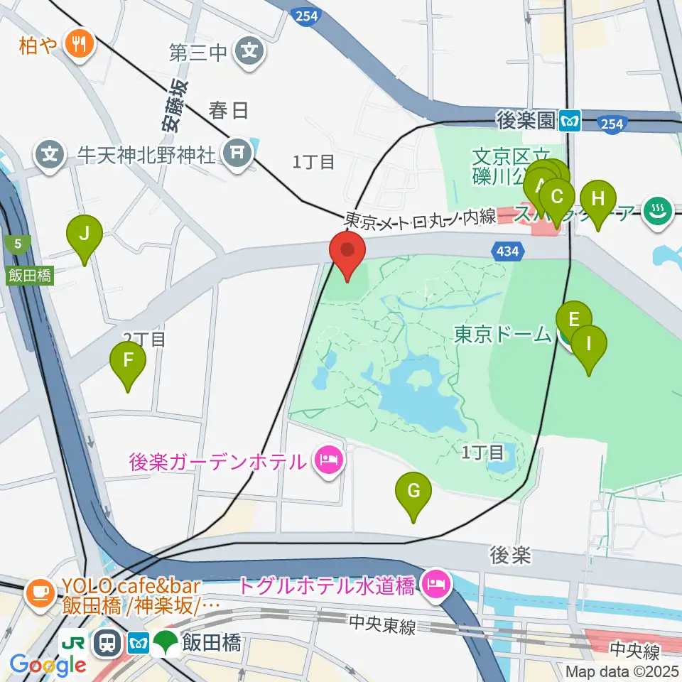 後楽公園少年野球場周辺のカフェ一覧地図