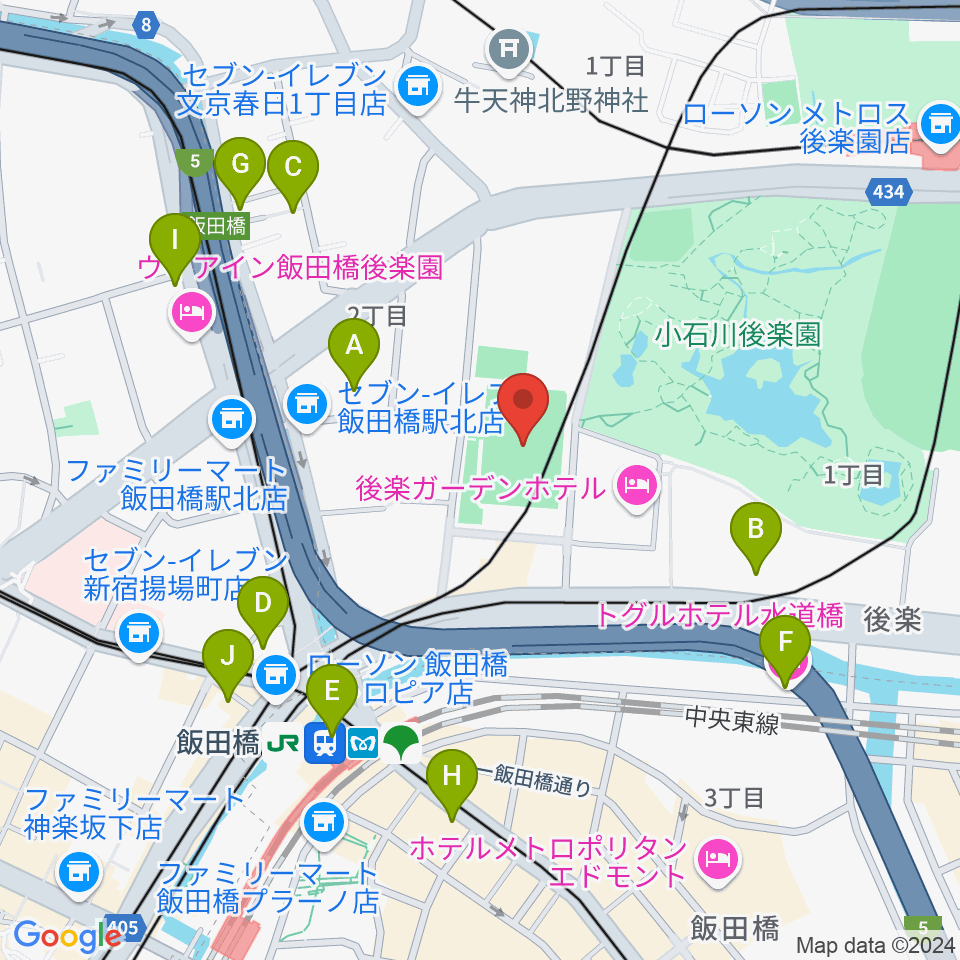 小石川運動場周辺のカフェ一覧地図