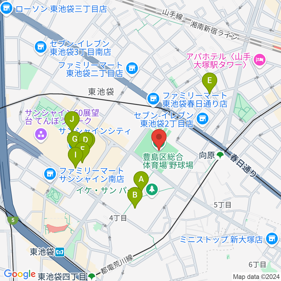 豊島区総合体育場野球場周辺のカフェ一覧地図