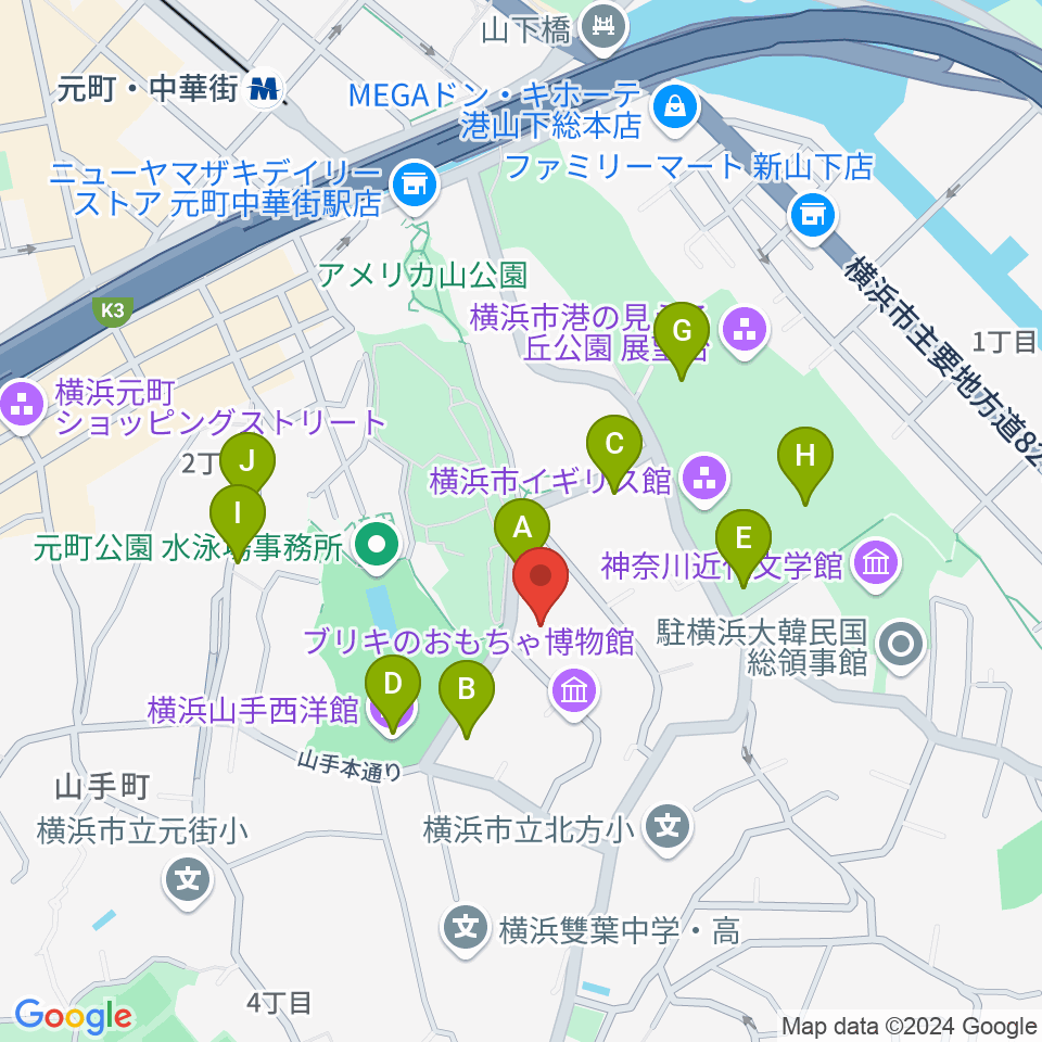 山手資料館周辺のカフェ一覧地図