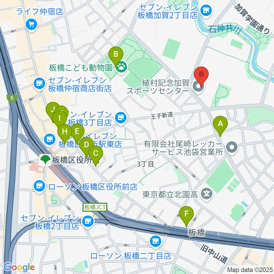 板橋区立植村記念加賀スポーツセンター周辺のカフェ一覧地図