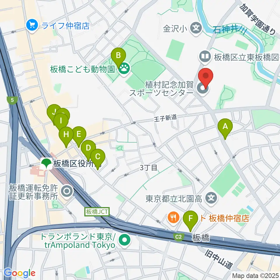 板橋区立植村記念加賀スポーツセンター周辺のカフェ一覧地図
