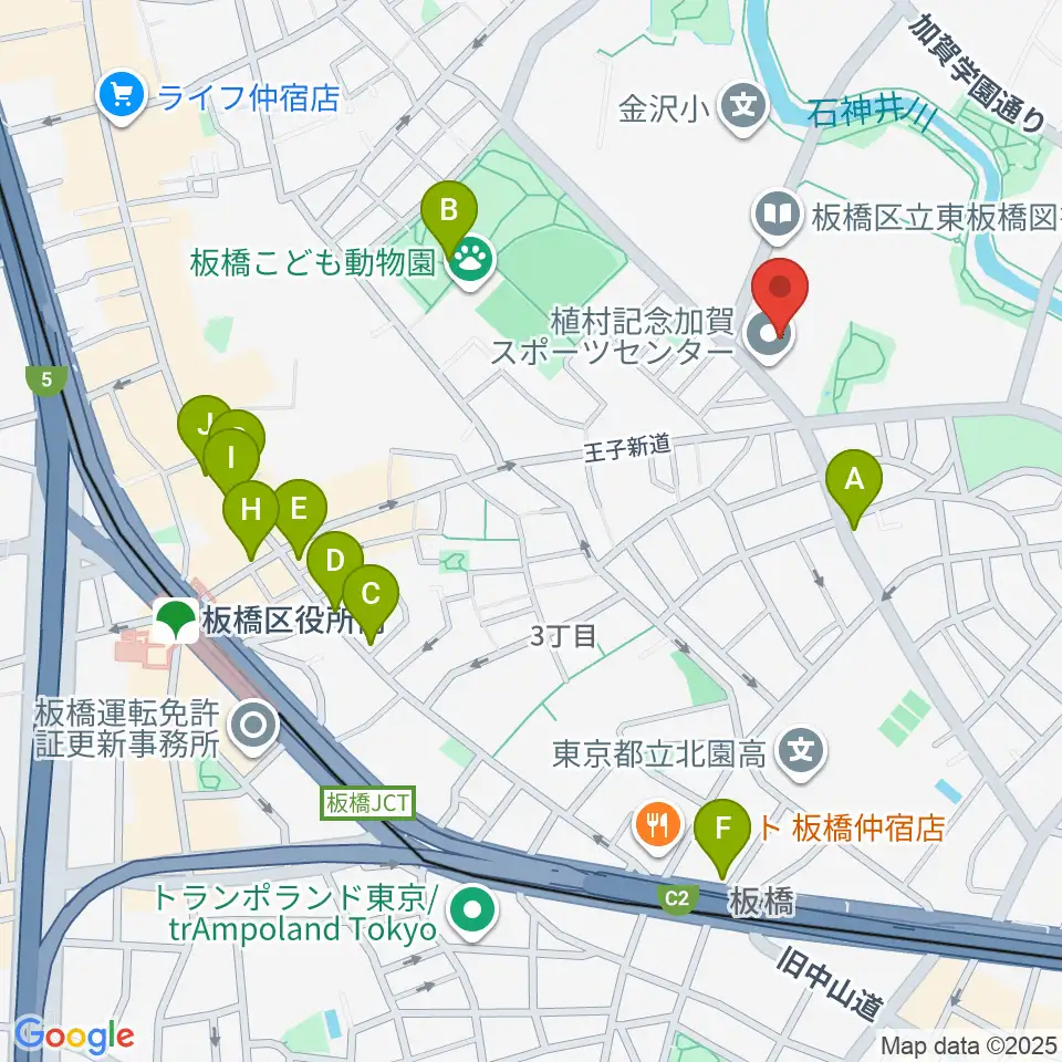 板橋区立植村記念加賀スポーツセンター周辺のカフェ一覧地図