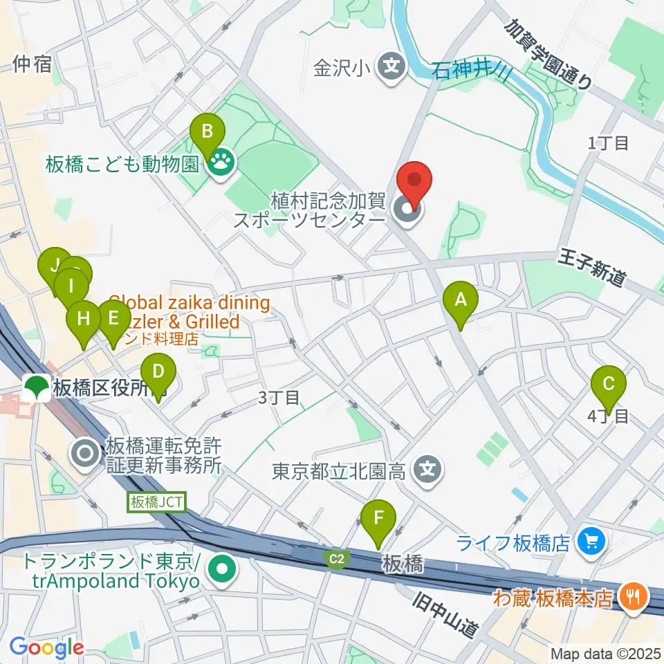 板橋区立植村記念加賀スポーツセンター周辺のカフェ一覧地図