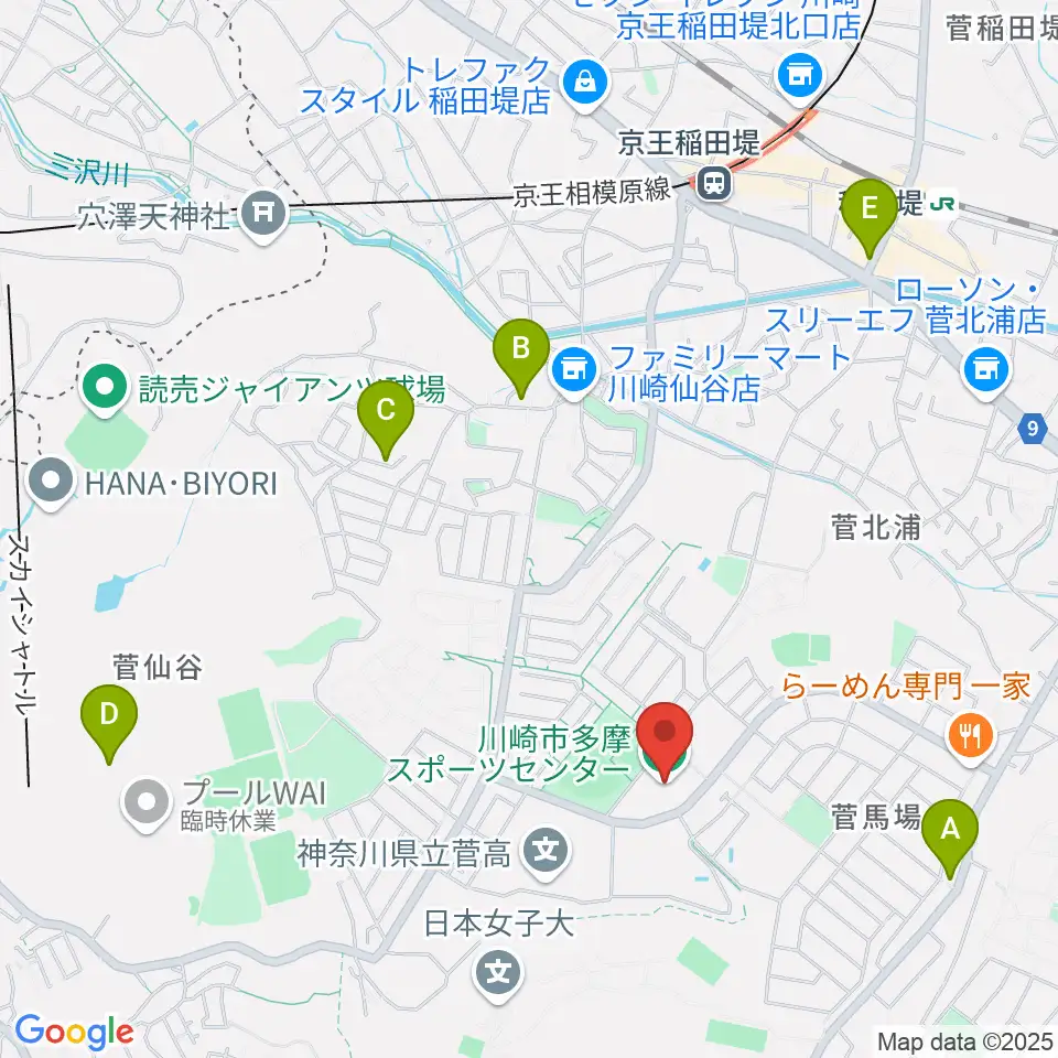 川崎市多摩スポーツセンター周辺のカフェ一覧地図