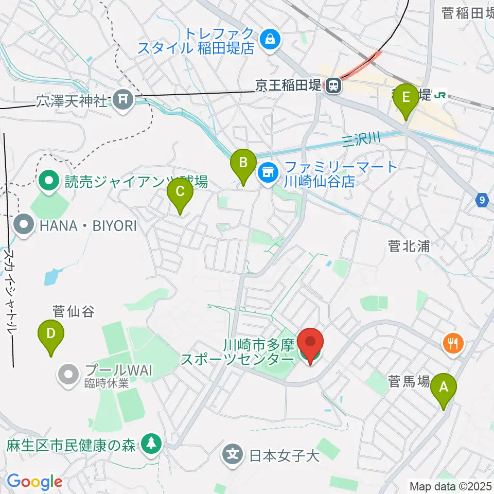 川崎市多摩スポーツセンター周辺のカフェ一覧地図