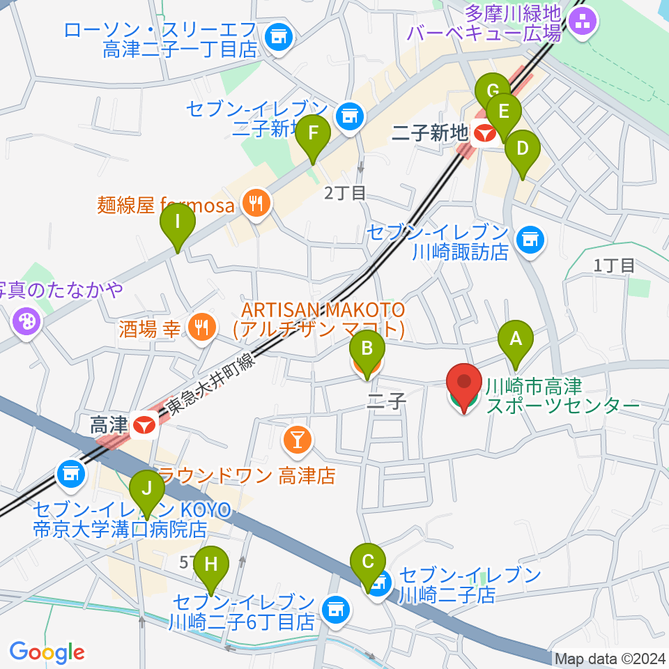 川崎市高津スポーツセンター周辺のカフェ一覧地図