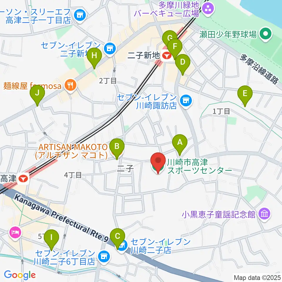 川崎市高津スポーツセンター周辺のカフェ一覧地図
