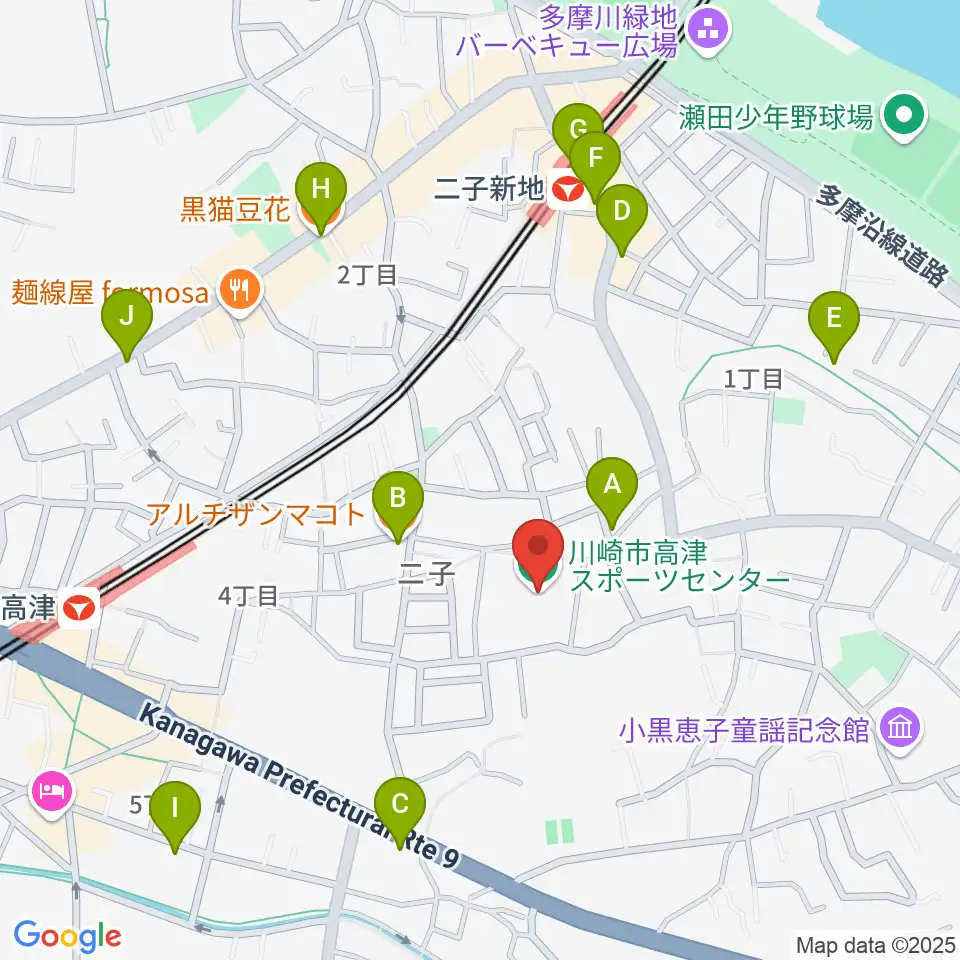 川崎市高津スポーツセンター周辺のカフェ一覧地図