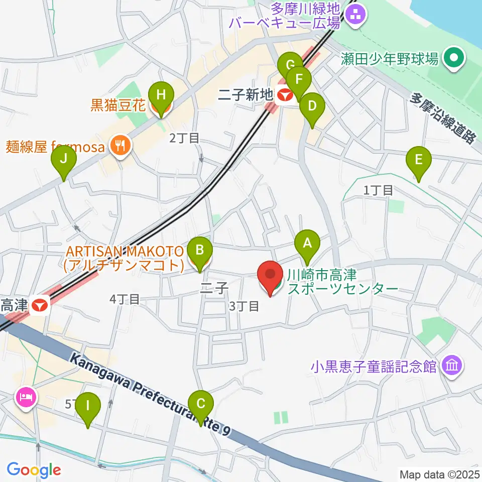 川崎市高津スポーツセンター周辺のカフェ一覧地図