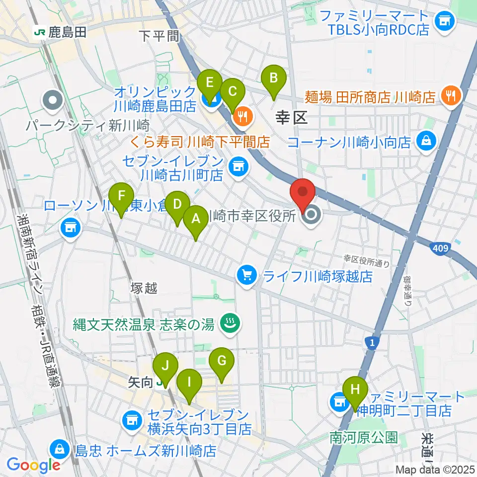 川崎市幸スポーツセンター周辺のカフェ一覧地図